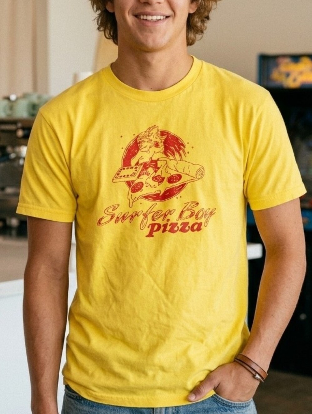 STRANGER THINGS Surfer Boy Pizza Short Sleeve Graphic T-shirt, Unisex